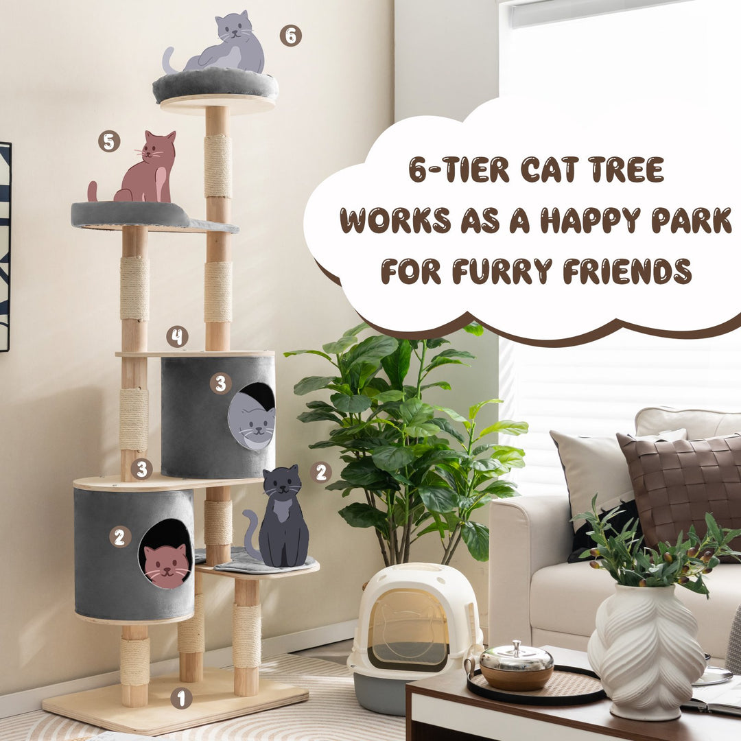 6 Tier Cat Tree Rubber Wood Cat Tower with Sisal Scratching Post