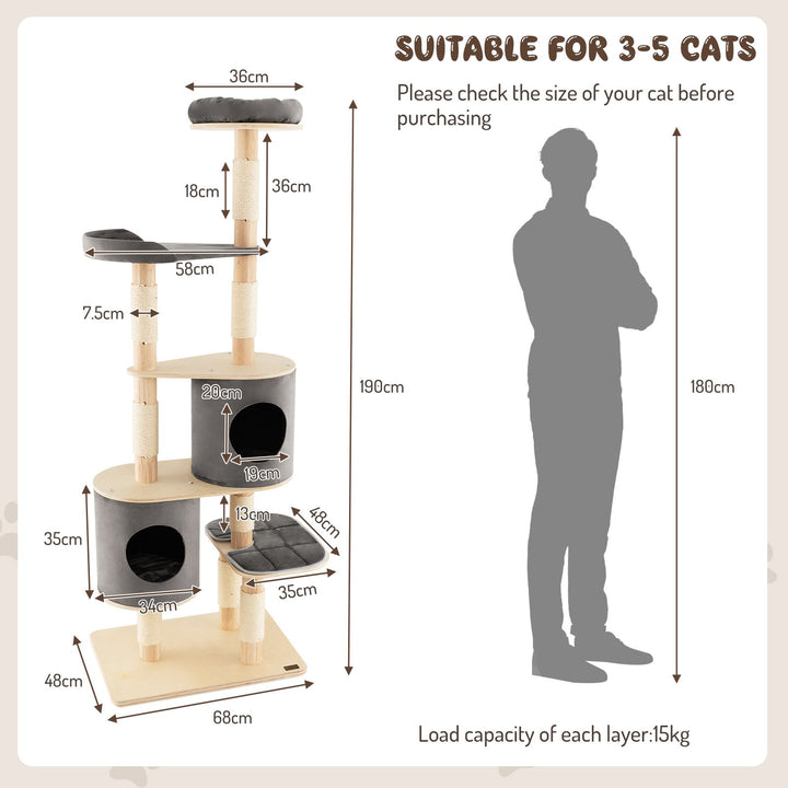 6 Tier Cat Tree Rubber Wood Cat Tower with Sisal Scratching Post