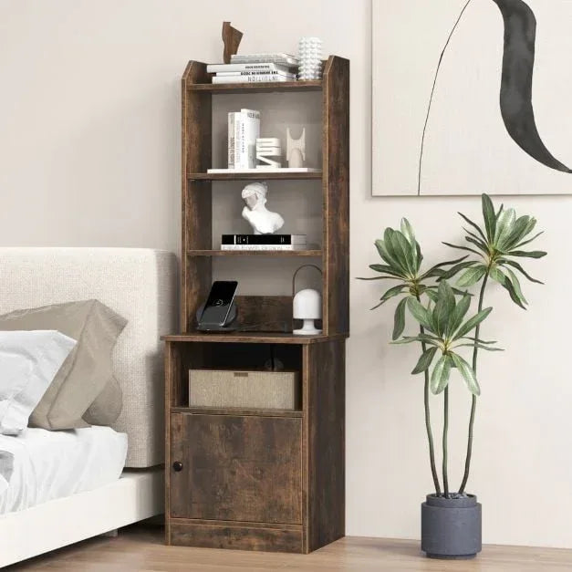 6-Tier Nightstand with Charging Station Bedside Tables Tall Night Stands-Rustic Brown - TidySpaces