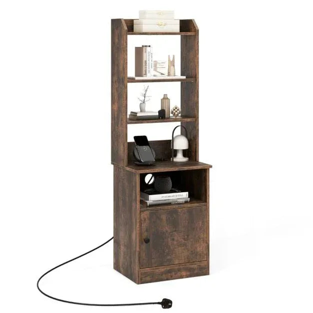 6-Tier Nightstand with Charging Station Bedside Tables Tall Night Stands-Rustic Brown - TidySpaces
