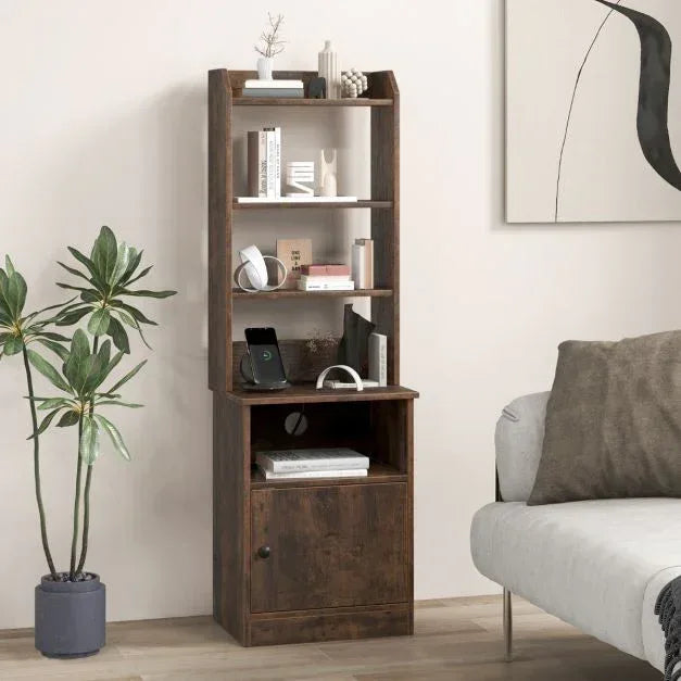 6-Tier Nightstand with Charging Station Bedside Tables Tall Night Stands-Rustic Brown - TidySpaces