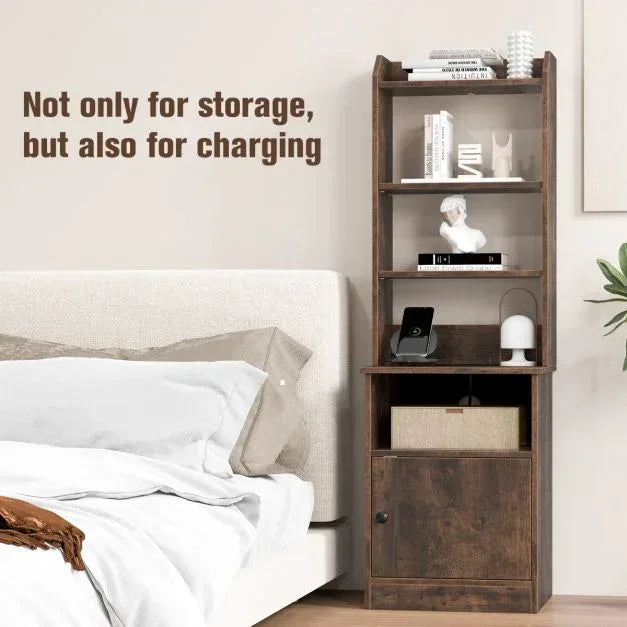 6-Tier Nightstand with Charging Station Bedside Tables Tall Night Stands-Rustic Brown - TidySpaces