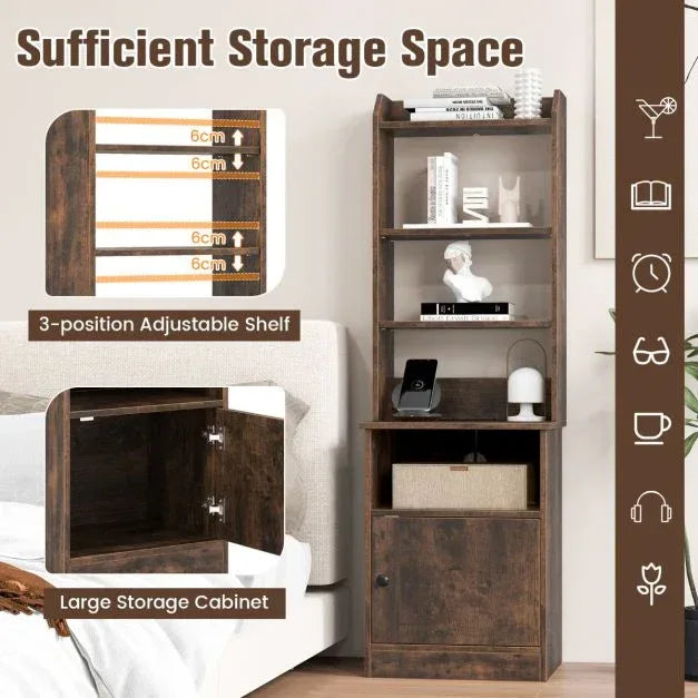 6-Tier Nightstand with Charging Station Bedside Tables Tall Night Stands-Rustic Brown - TidySpaces