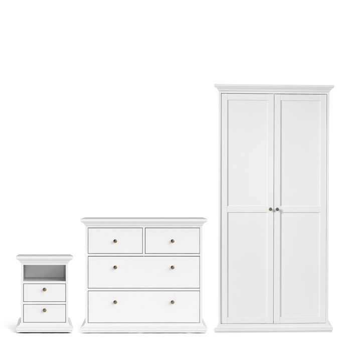 Paris Package - Bedside 2 Drawers in + Chest of 4 Drawers + Wardrobe with 2 Doors White - TidySpaces