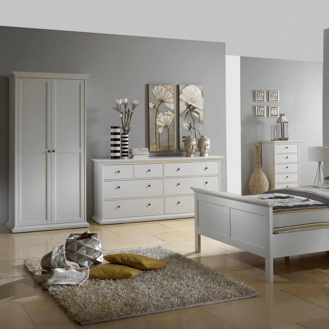 Paris Package - Bedside 2 Drawers in + Chest of 4 Drawers + Wardrobe with 2 Doors White - TidySpaces