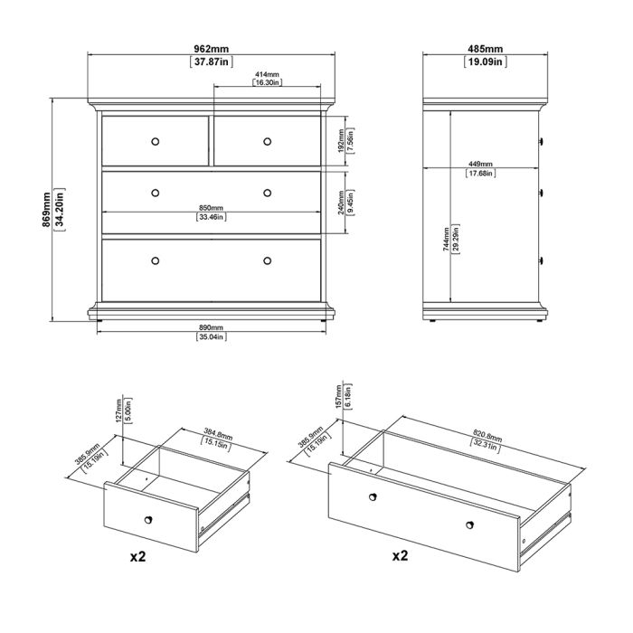 Paris Package - Bedside 2 Drawers in + Chest of 4 Drawers + Wardrobe with 2 Doors White - TidySpaces