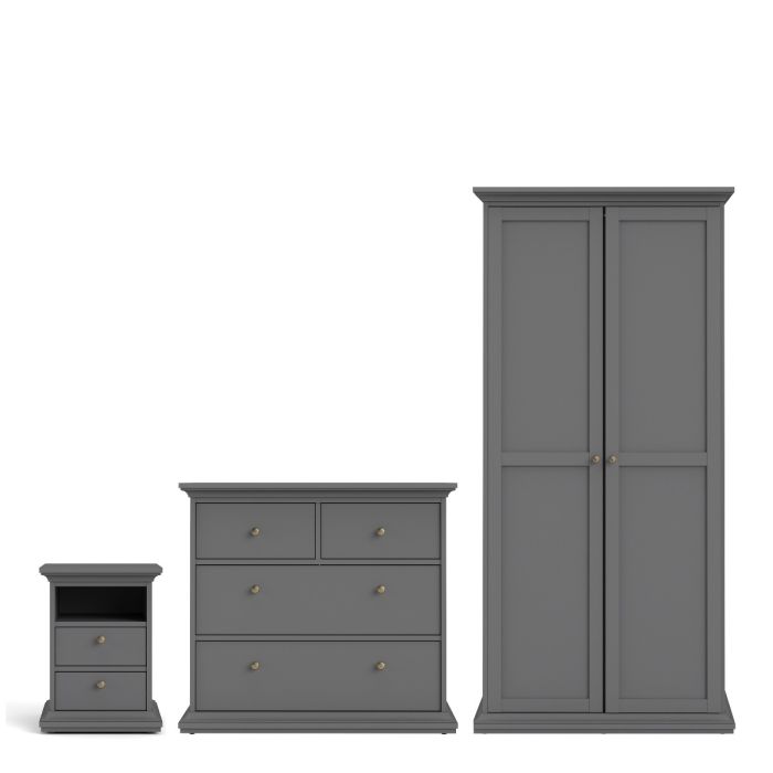 Paris Package - Bedside 2 Drawers in + Chest of 4 Drawers + Wardrobe with 2 Doors White - TidySpaces