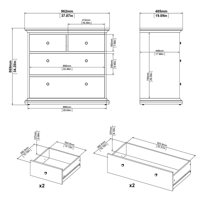 Paris Package - Bedside 2 Drawers in + Chest of 4 Drawers + Wardrobe with 2 Doors White - TidySpaces