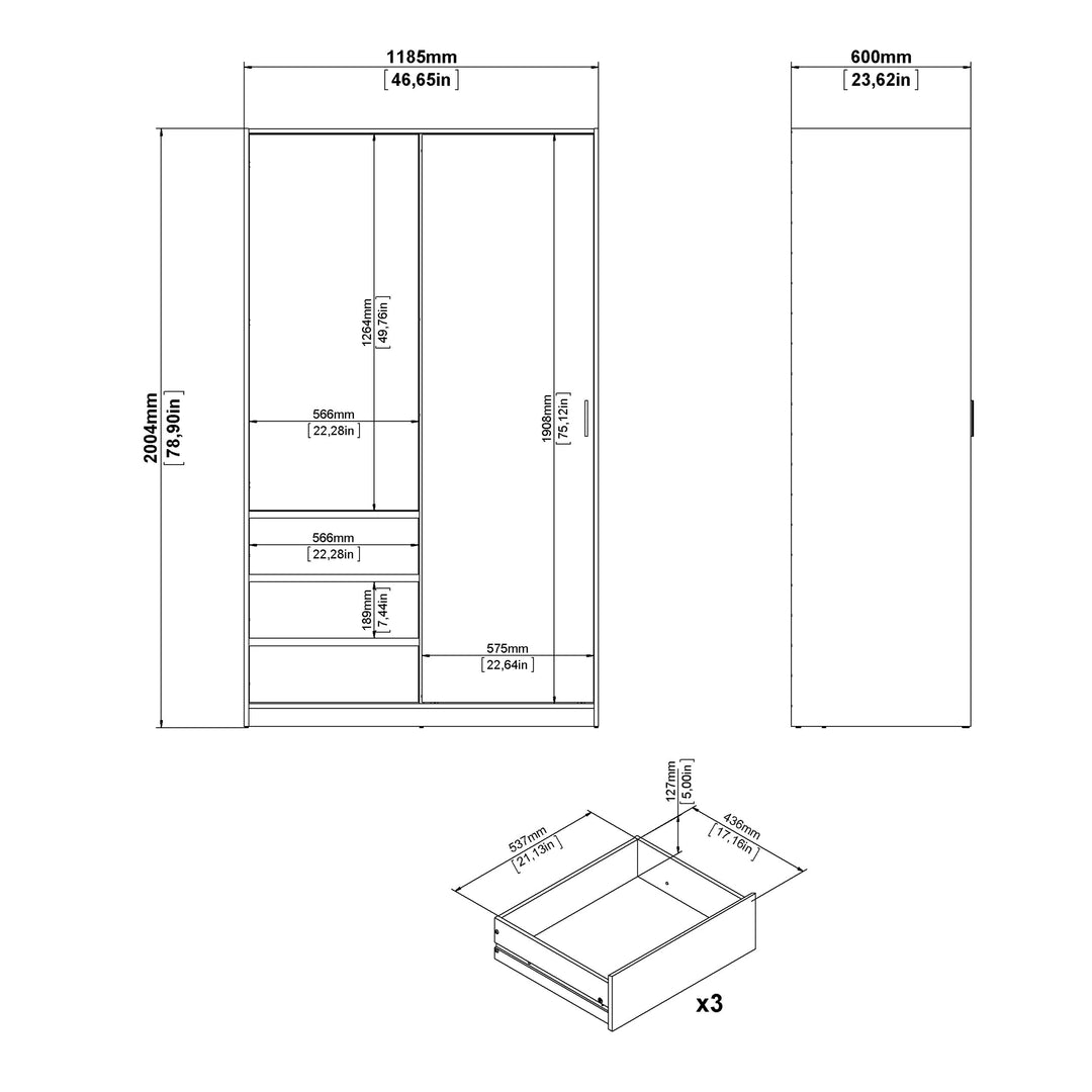 Naia Wardrobe with 1 Sliding Door and 1 Door + 3 drawers in White