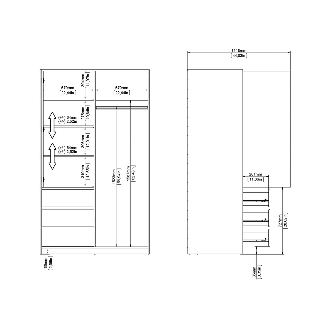 Naia Wardrobe with 1 Sliding Door and 1 Door + 3 drawers in White