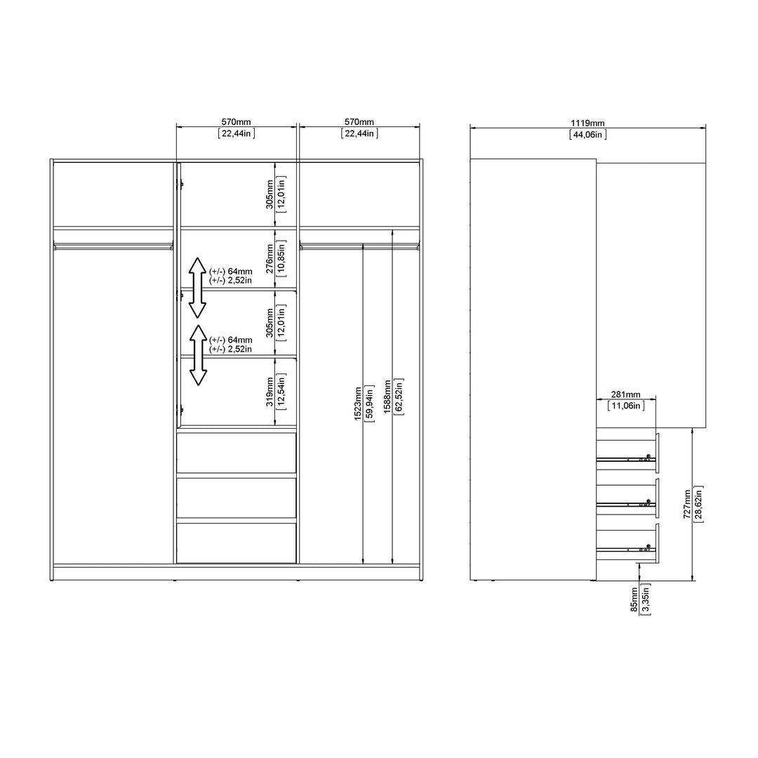 Naia Wardrobe with 2 sliding Doors + 1 Door + 3 drawers in White