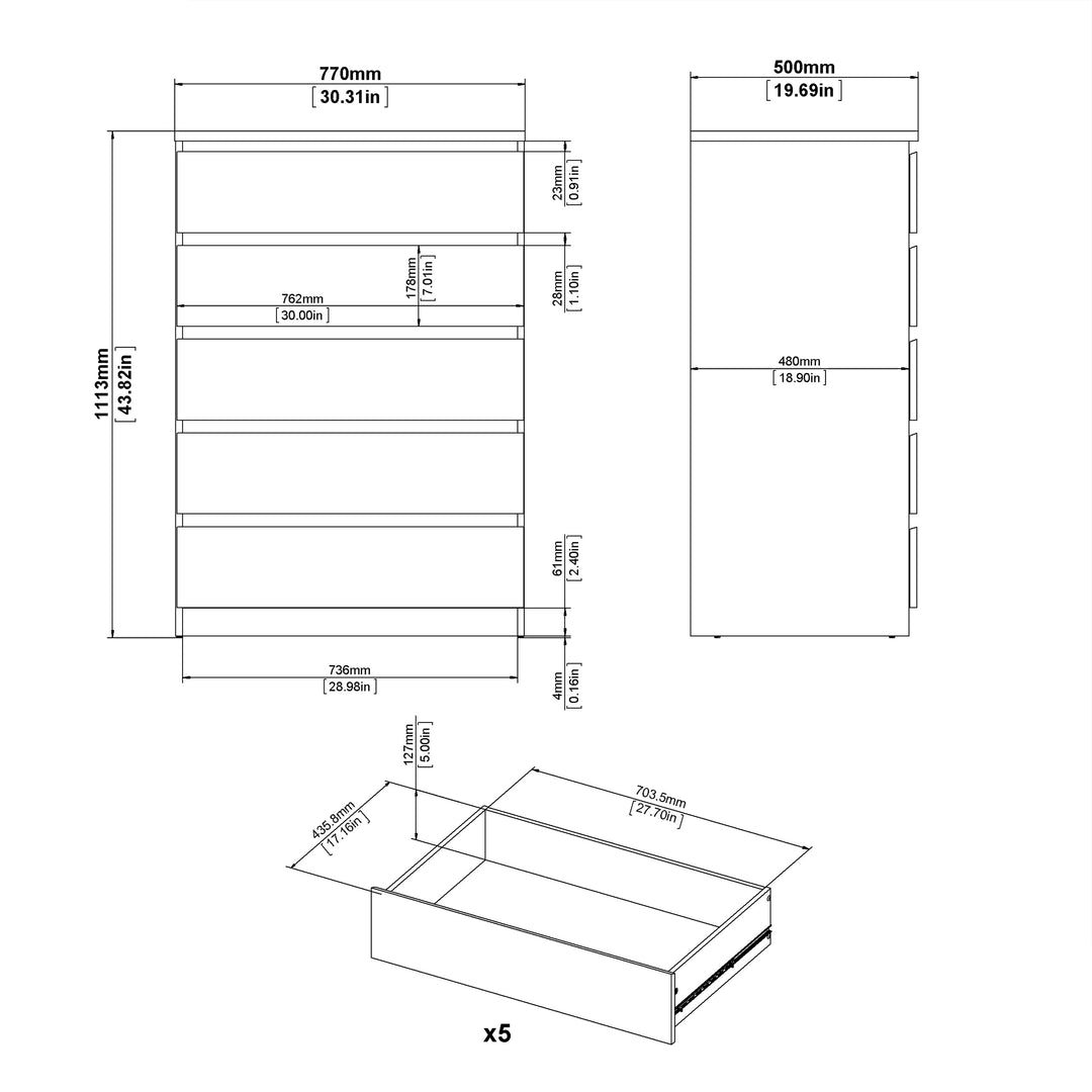 Naia Chest of 5 Drawers in White