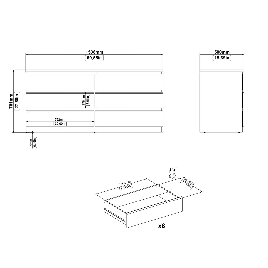 Naia Wide Chest of 6 Drawers (3+3) in White