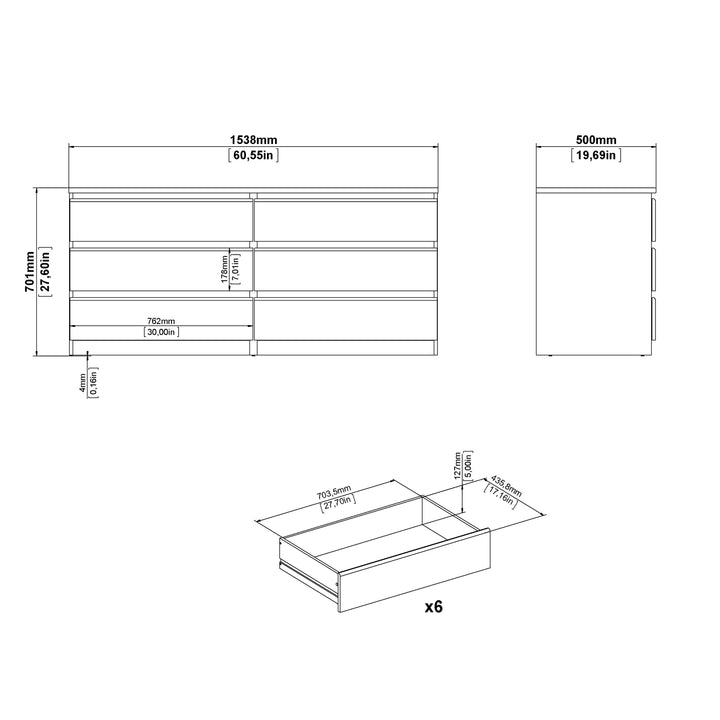 Naia Wide Chest of 6 Drawers (3+3) in White