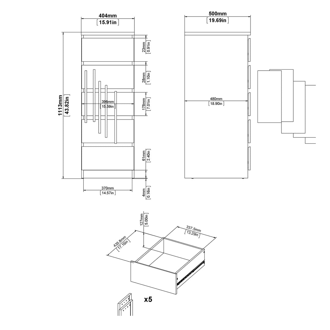 Naia Narrow Chest of 5 Drawers in White