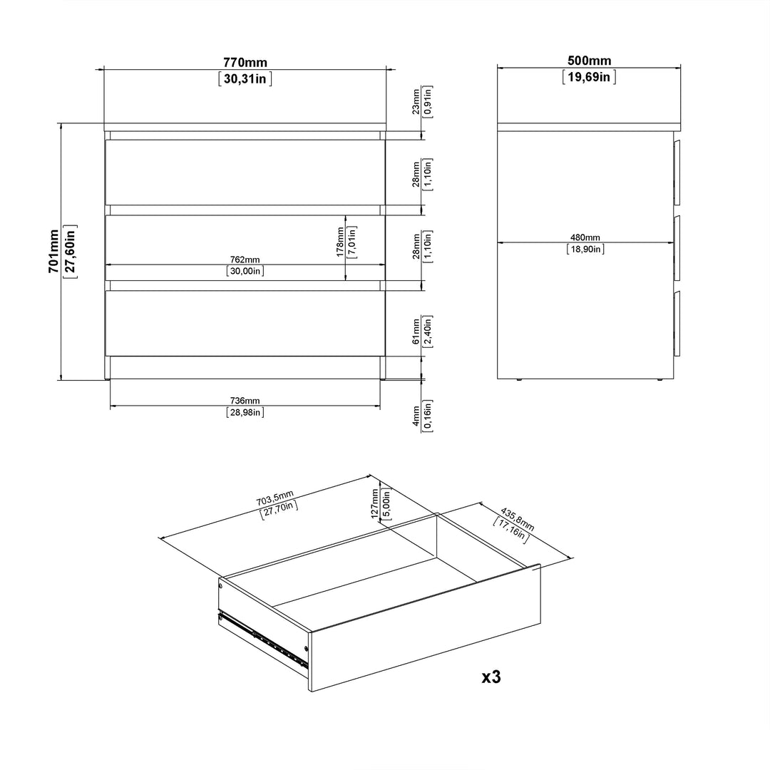 Naia Chest of 3 Drawers in White