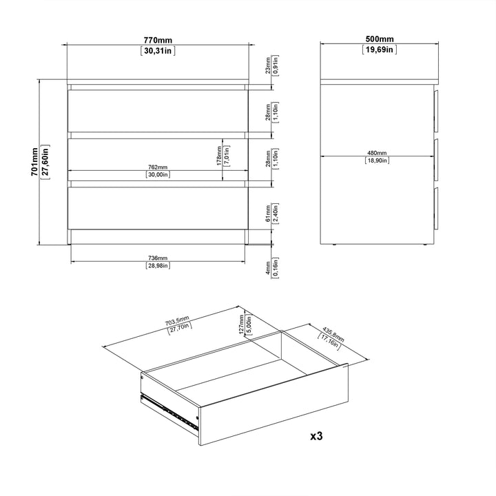 Naia Chest of 3 Drawers in White