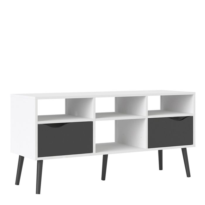 Oslo TV Unit - Wide - 2 Drawers 4 Shelves in White and Black Matt - TidySpaces