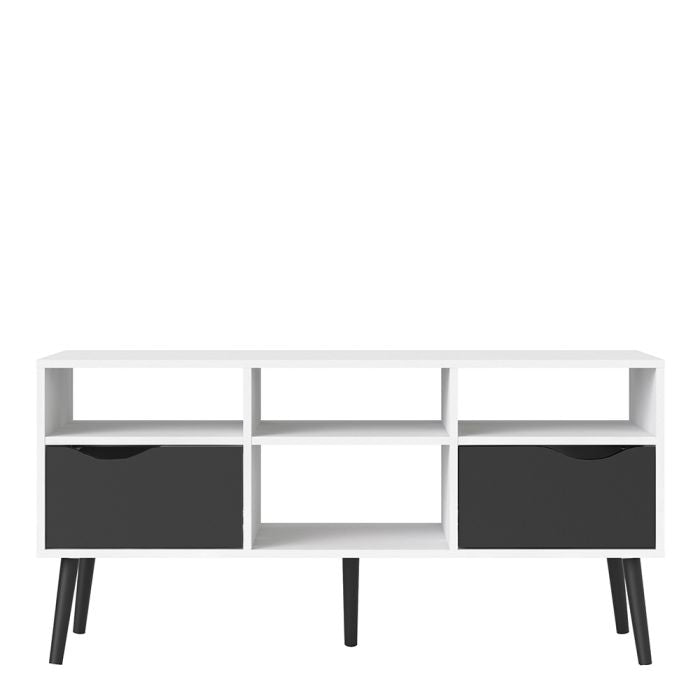 Oslo TV Unit - Wide - 2 Drawers 4 Shelves in White and Black Matt - TidySpaces