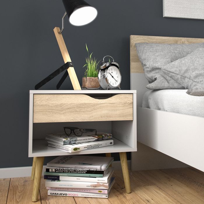 Oslo Bedside 1 Drawer in White and Oak (Package of 2.) - TidySpaces