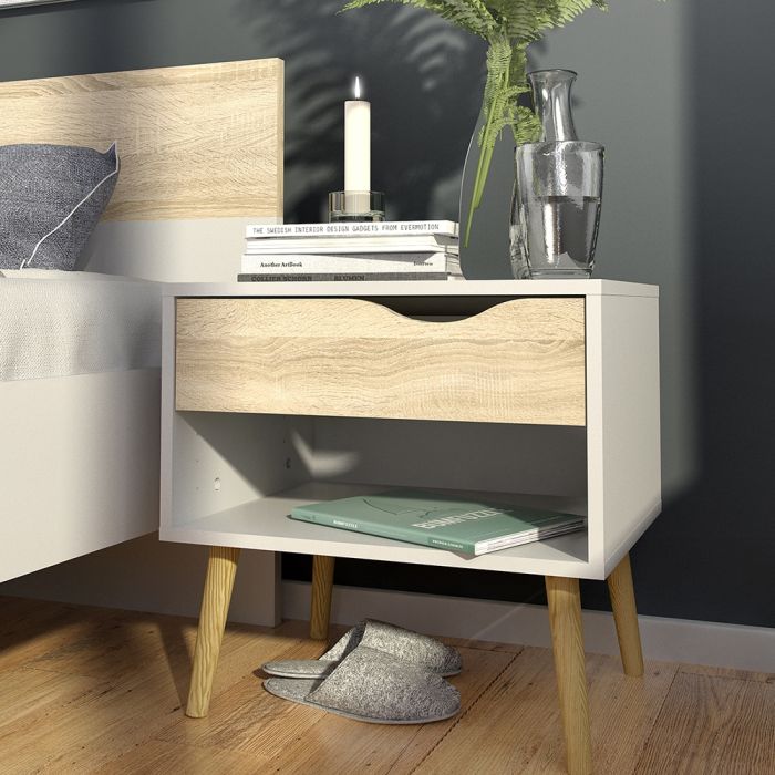 Oslo Bedside 1 Drawer in White and Oak (Package of 2.)