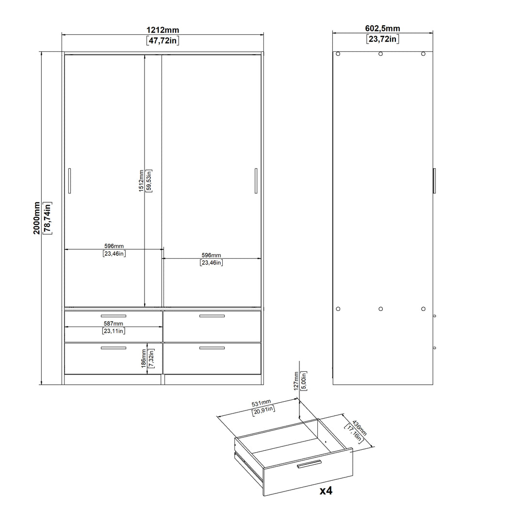 Line Wardrobe with 2 Sliding Doors and 4 Drawers, White