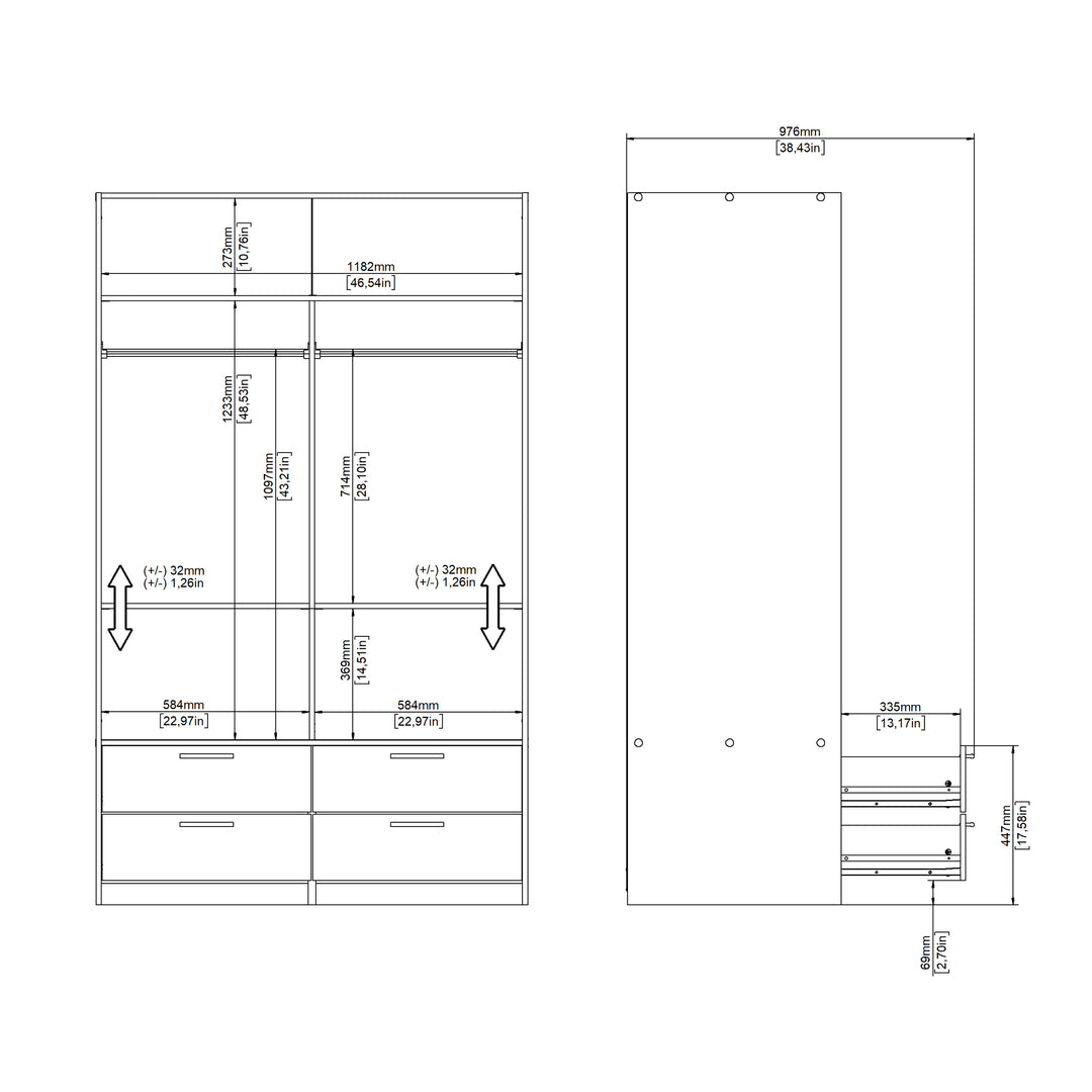 Line Wardrobe with 2 Sliding Doors and 4 Drawers, White