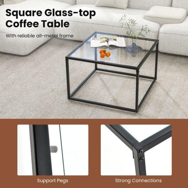 70 CM Modern Square Coffee Table with Metal Frame Transparent - TidySpaces