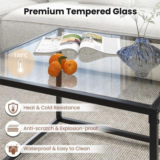 70 CM Modern Square Coffee Table with Metal Frame Transparent - TidySpaces