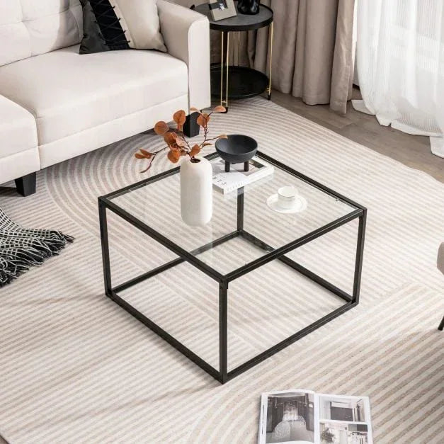 70 CM Modern Square Coffee Table with Metal Frame Transparent - TidySpaces