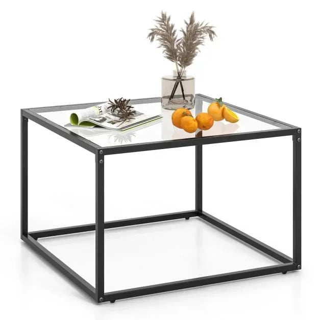 70 CM Modern Square Coffee Table with Metal Frame Transparent - TidySpaces