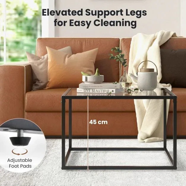 70 CM Modern Square Coffee Table with Metal Frame Transparent - TidySpaces