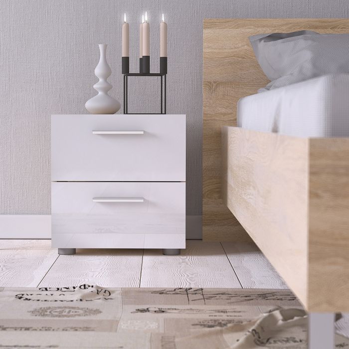 Pepe Bedside 2 Drawers in Oak with White High Gloss - TidySpaces