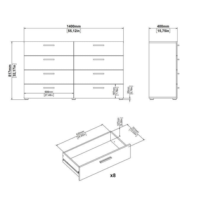 Pepe Wide Chest of 8 Drawers (4+4) in Walnut - TidySpaces