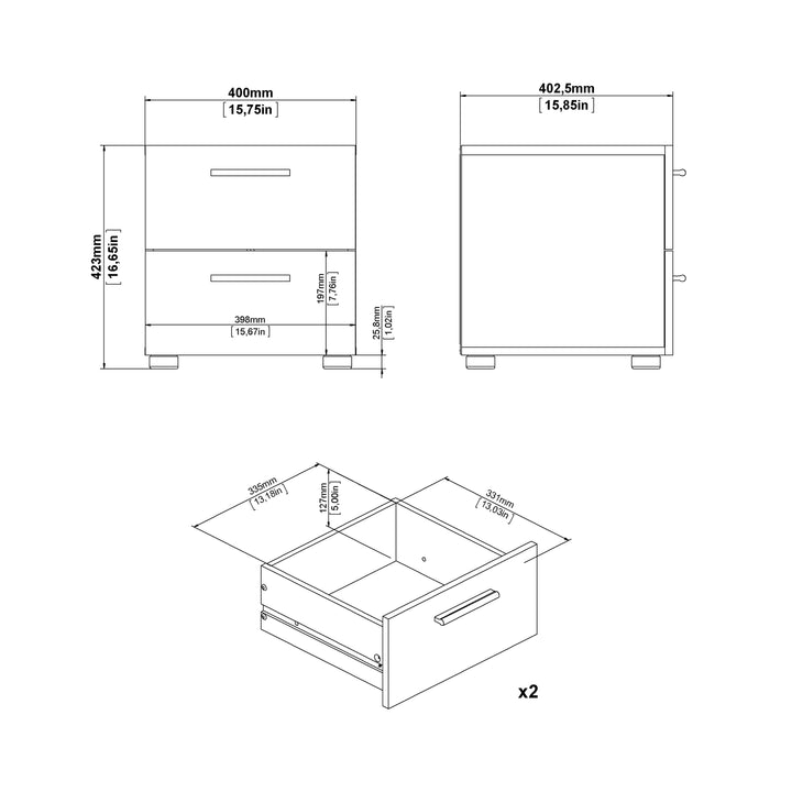 Pepe Bedside 2 Drawers in Oak structure/White High Gloss - TidySpaces