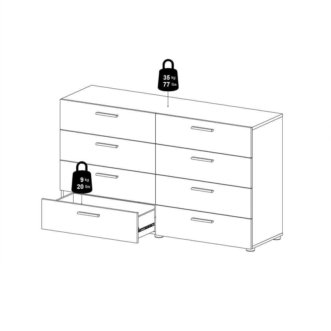 Pepe Wide Chest of 8 Drawers (4+4) in Oak structure/White High Gloss - TidySpaces