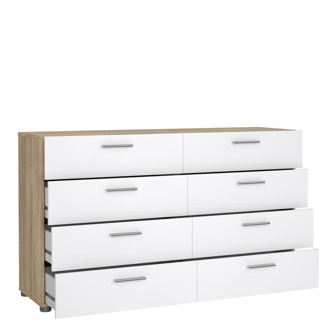 Pepe Wide Chest of 8 Drawers (4+4) in Oak structure/White High Gloss - TidySpaces