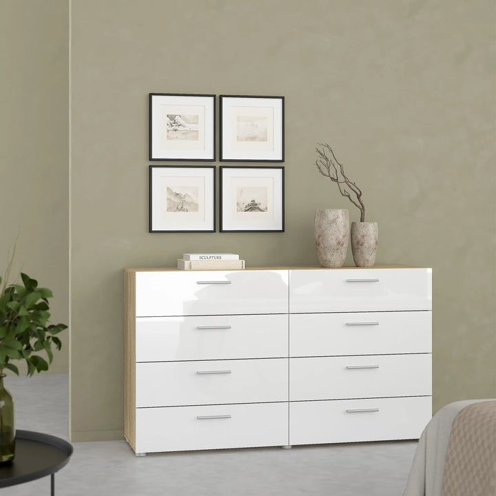 Pepe Wide Chest of 8 Drawers (4+4) in Oak structure/White High Gloss - TidySpaces