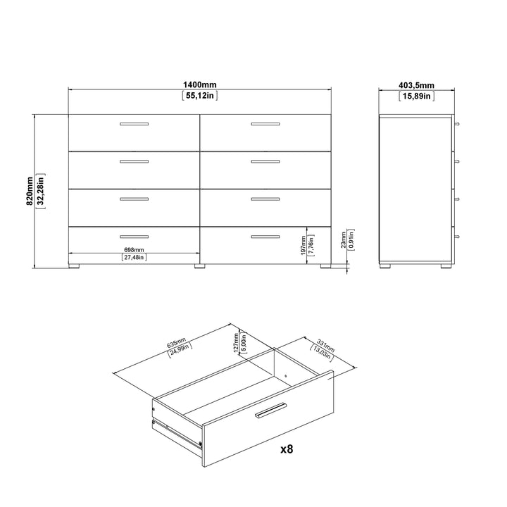 Pepe Wide Chest of 8 Drawers (4+4) in Oak structure/White High Gloss - TidySpaces