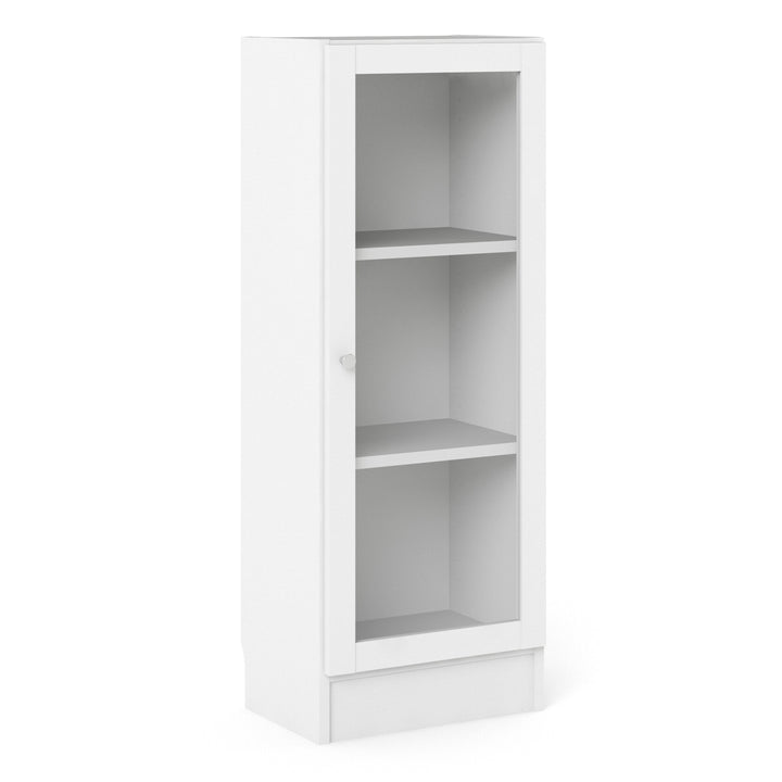 Basic Low Narrow Display Cabinet in White (2 Shelves) with Glass White Door