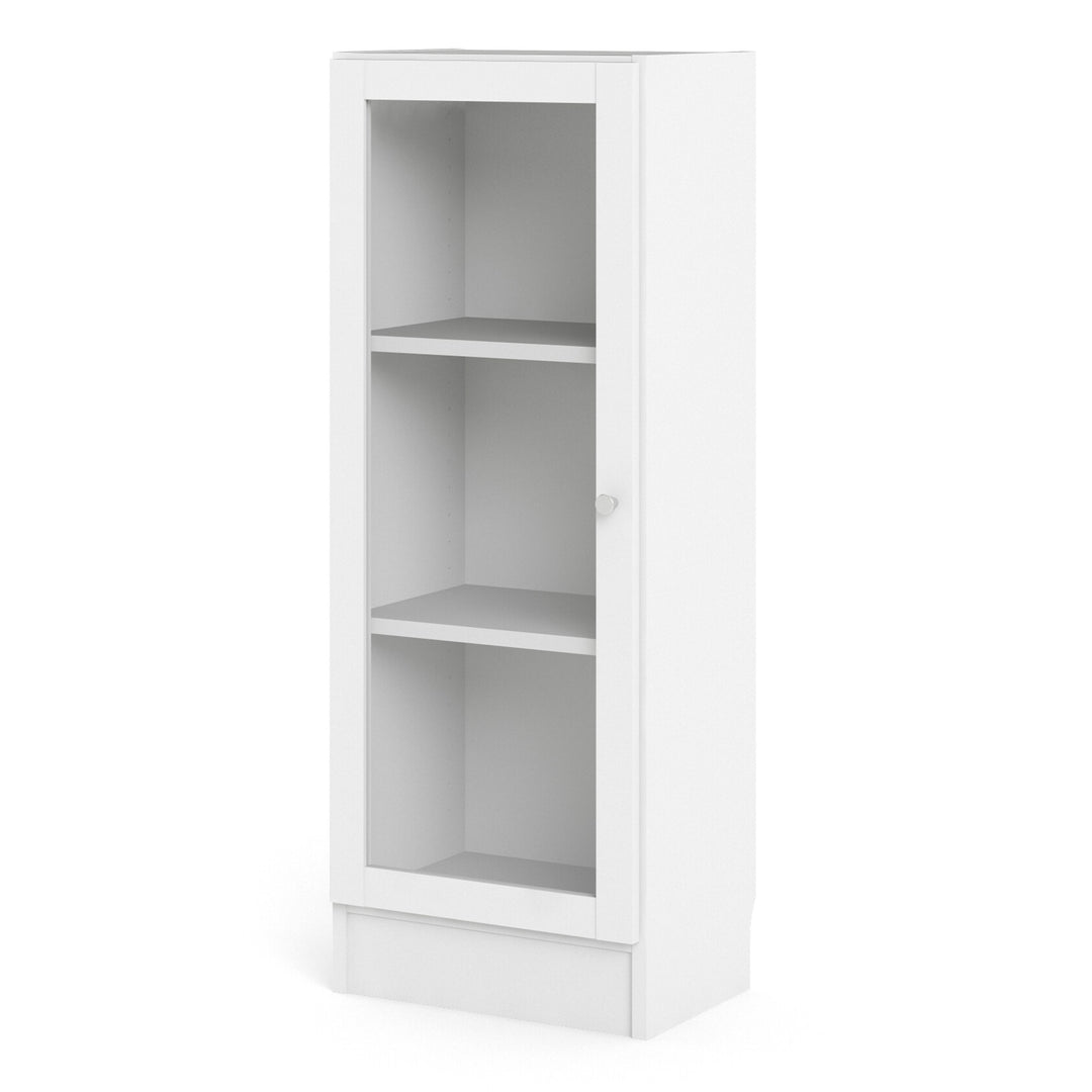 Basic Low Narrow Display Cabinet in White (2 Shelves) with Glass White Door