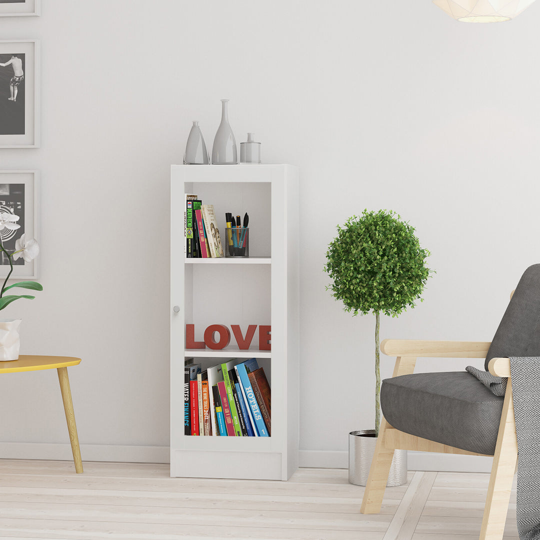 Basic Low Narrow Display Cabinet in White (2 Shelves) with Glass White Door