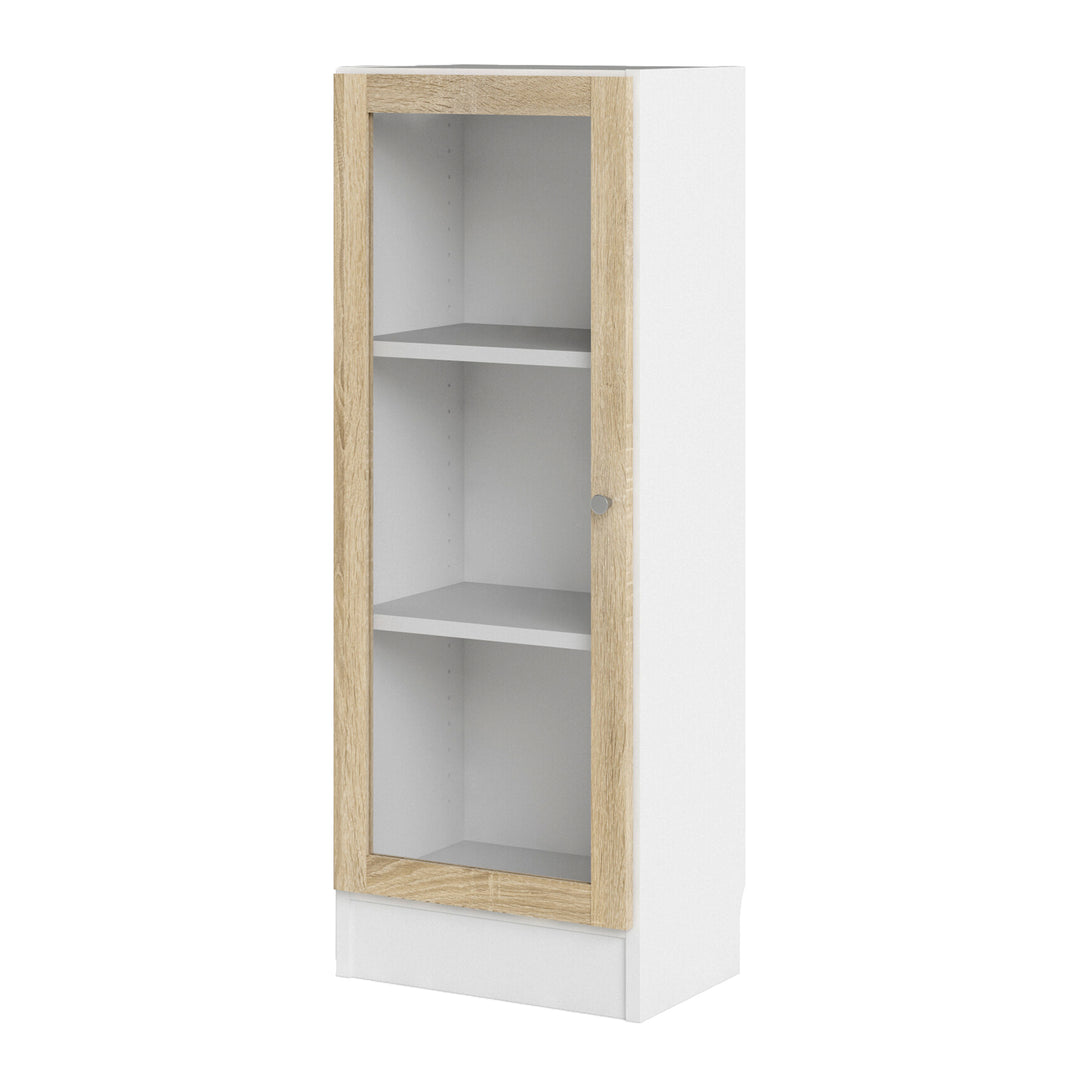 Basic Low Narrow Display Cabinet in White (2 Shelves) with Glass Oak Door