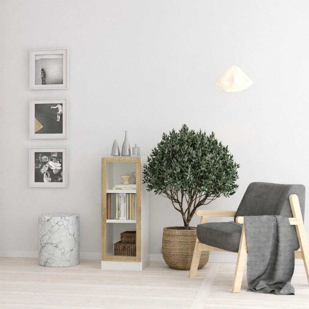 Basic Low Narrow Display Cabinet in White (2 Shelves) with Glass Oak Door