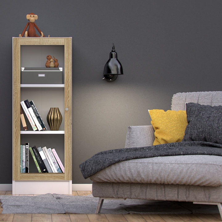 Basic Low Narrow Display Cabinet in White (2 Shelves) with Glass Oak Door