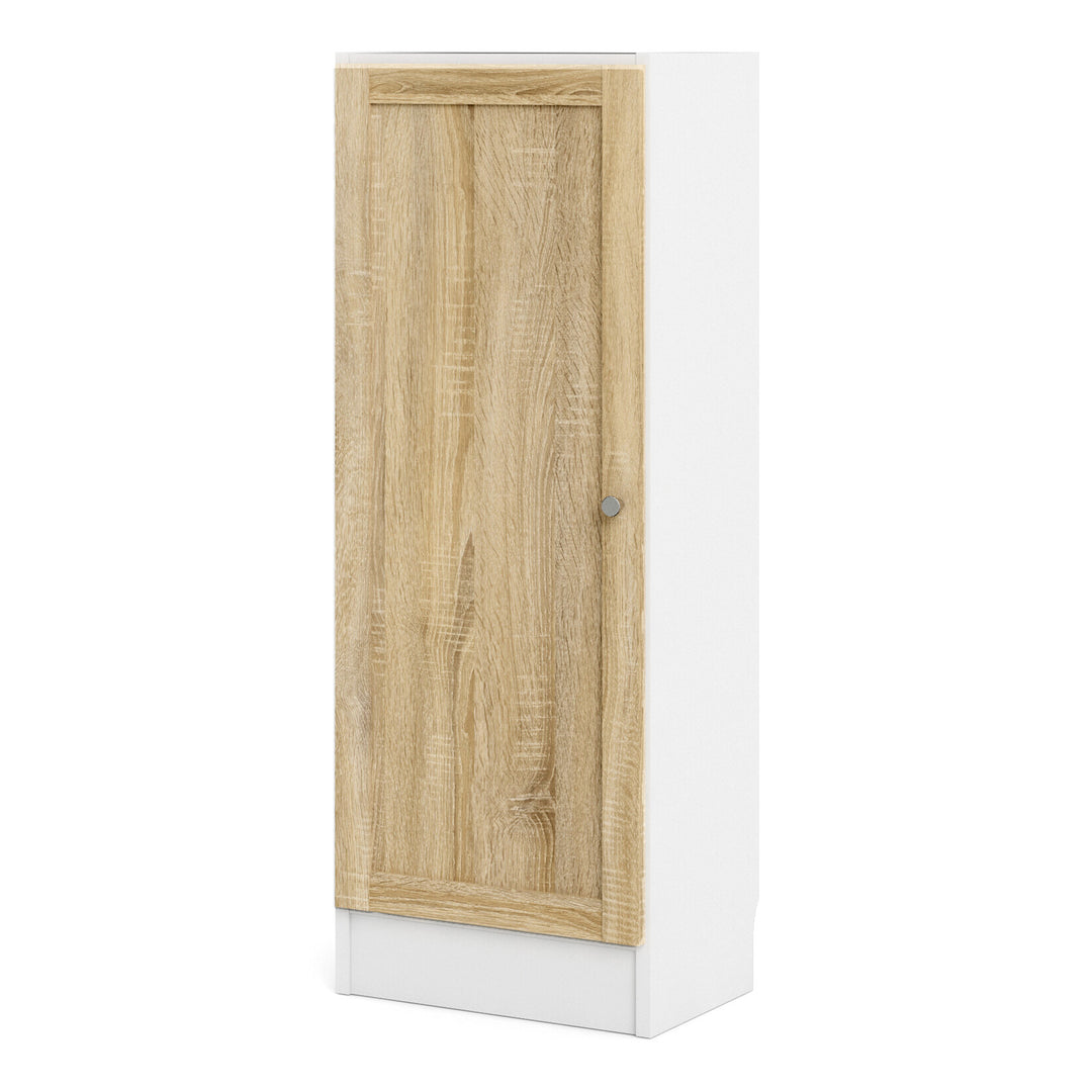 Basic Low Narrow Storage Cabinet in White (2 Shelves) with Oak Door