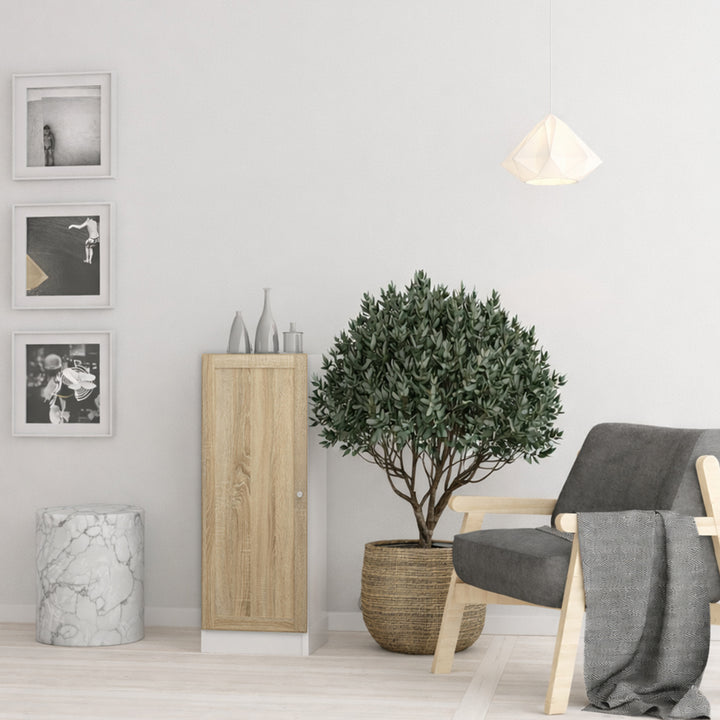 Basic Low Narrow Storage Cabinet in White (2 Shelves) with Oak Door