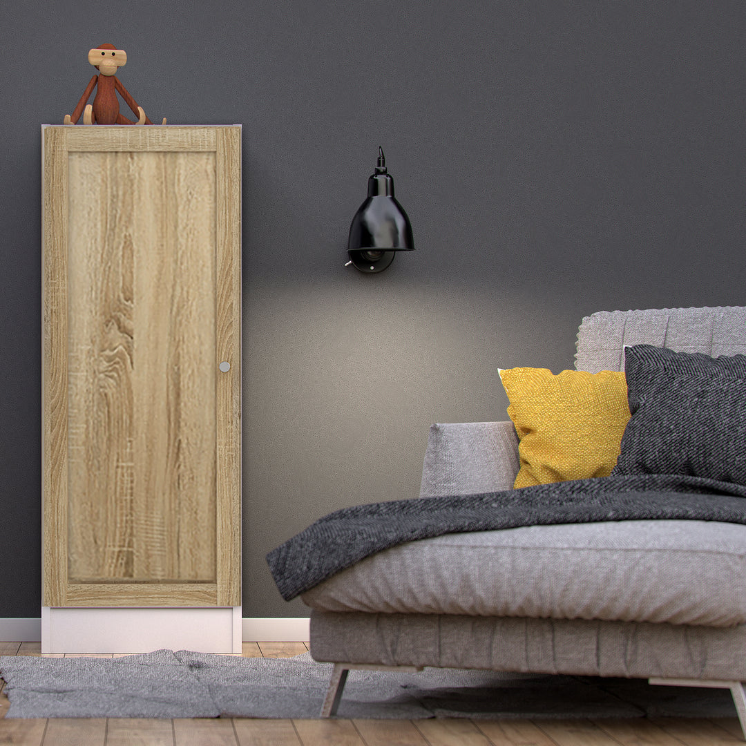 Basic Low Narrow Storage Cabinet in White (2 Shelves) with Oak Door