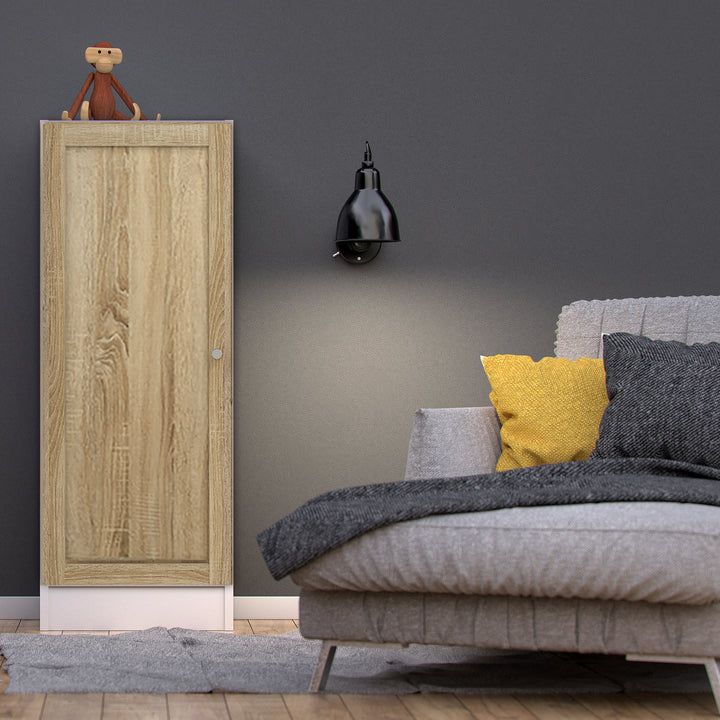 Basic Low Narrow Storage Cabinet in White (2 Shelves) with Oak Door