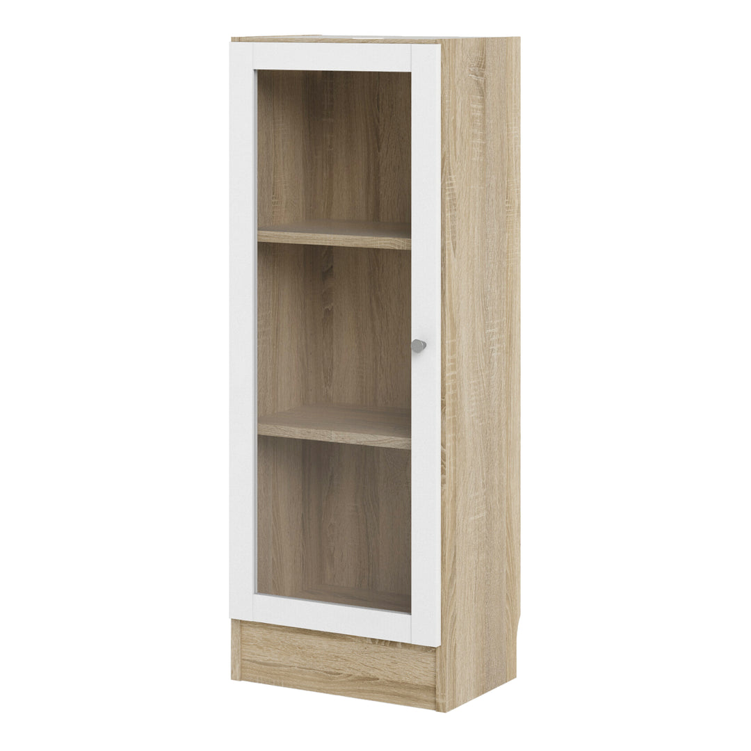 Basic Low Narrow Display Cabinet In Oak (2 Shelves) with Glass White Door